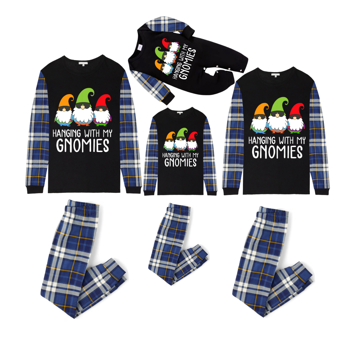 Hanging With My Gnomies Christmas 2025 Family Pajamas Set - Black Top, Blue Pants, Blue Plaid Sleeves