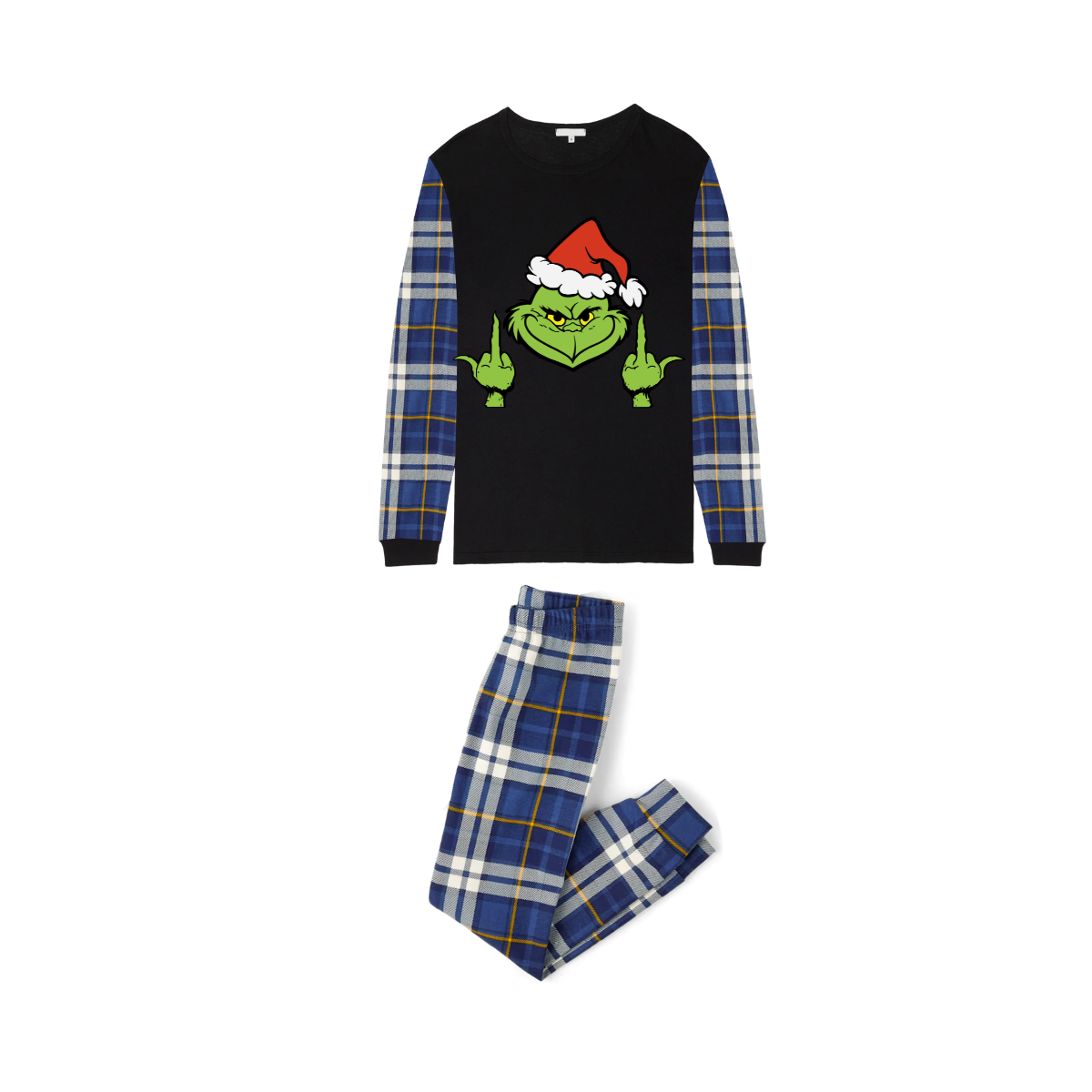 Grinch Santa Middle Finger Family Christmas Pajamas Black Top with Blue Plaid Pants