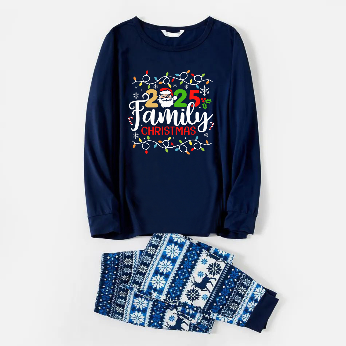 Joyful Blue Christmas Pajamas Set With Christmas Light and "2025 Family Christmas" Text Print