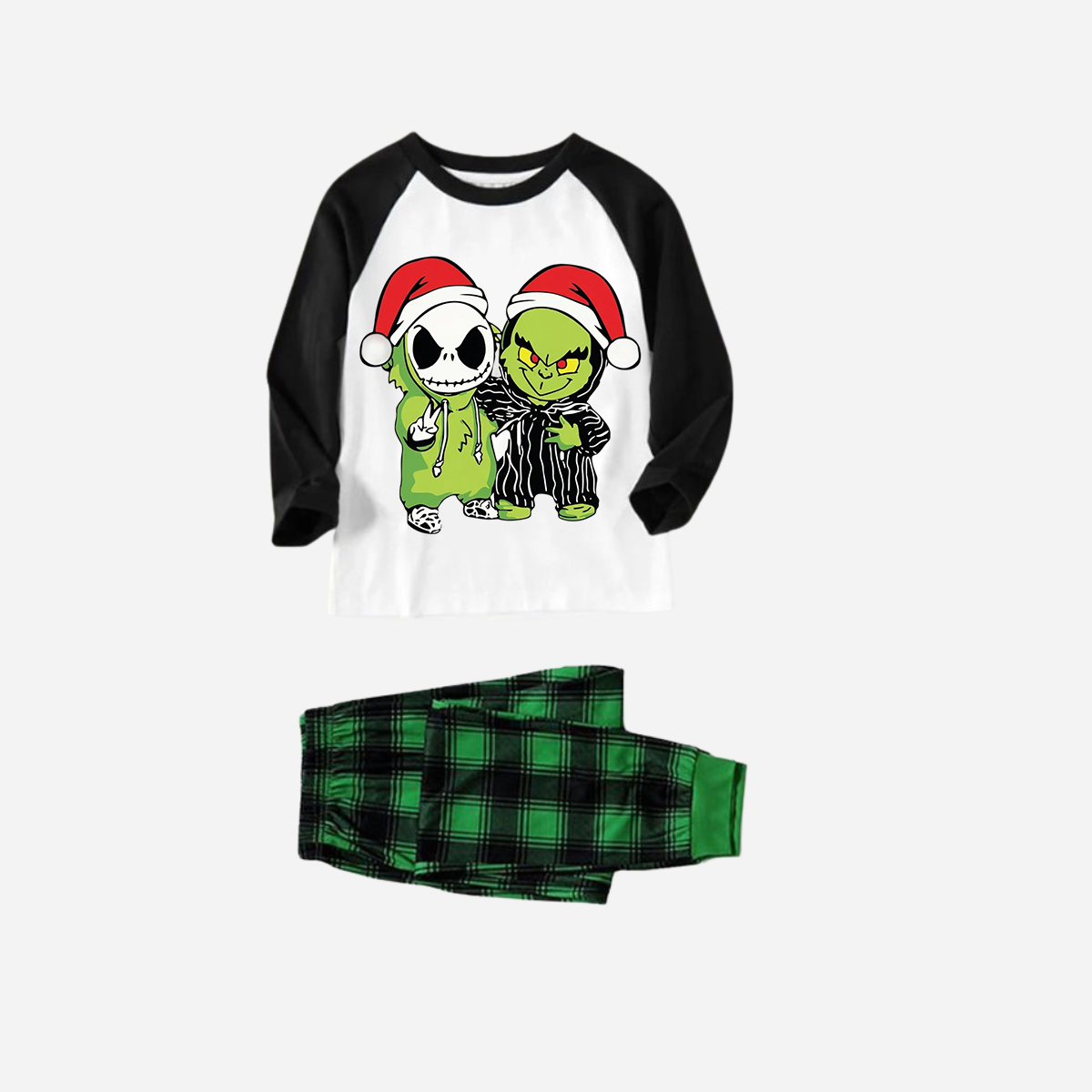 Black Raglan Top Green Plaid Christmas Pajamas Set With Grinch and Cartoon Pattern Print