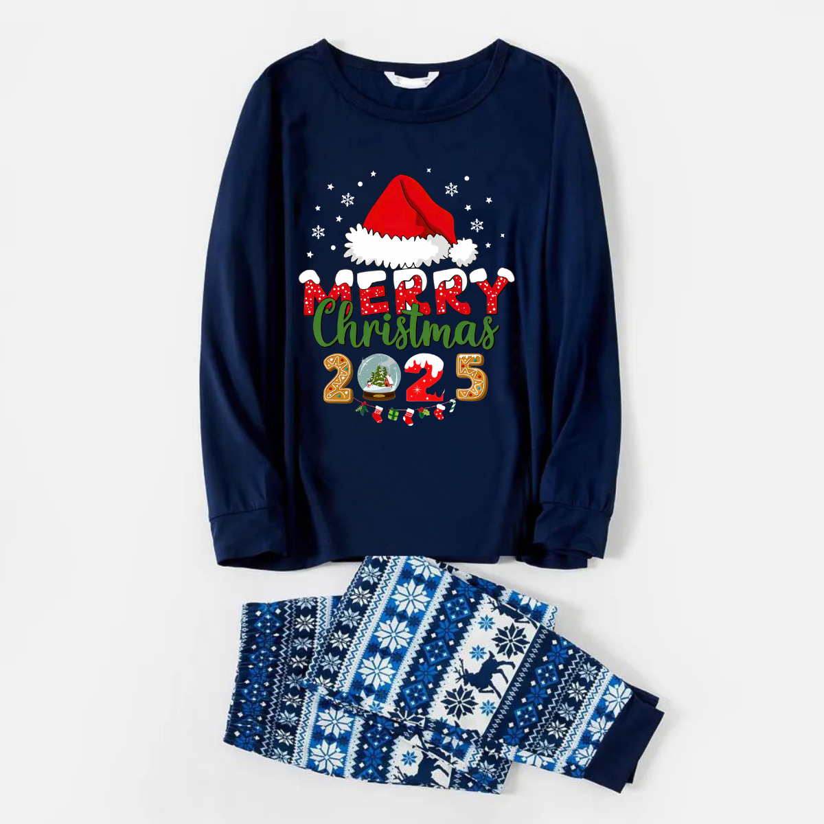 Joyful Blue Christmas Pajamas Set With Santa Hat and "Merry Christmas 2025" Text Print
