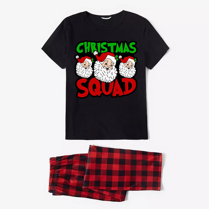 "Santa Squad" and Santa Claus Print Black Short Sleeve with Red & Black Plaid Pant Family Matching Pajamas