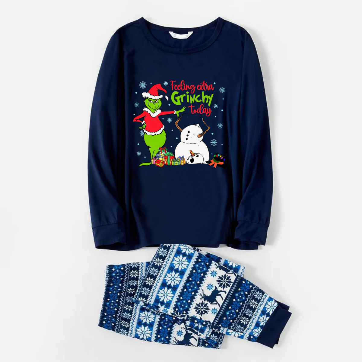 Joyful Blue Christmas Pajamas Set With Grinch and Snowman Print