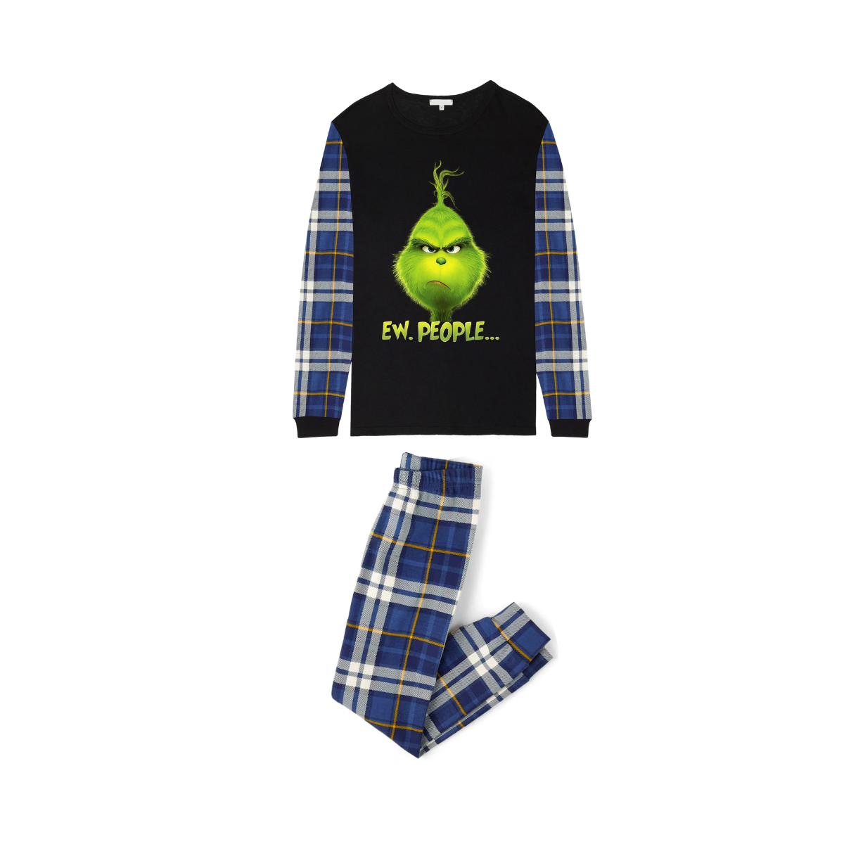 Grinch Ew, People... Matching Family Christmas Pajamas-Black Tops & Blue Plaid Pants
