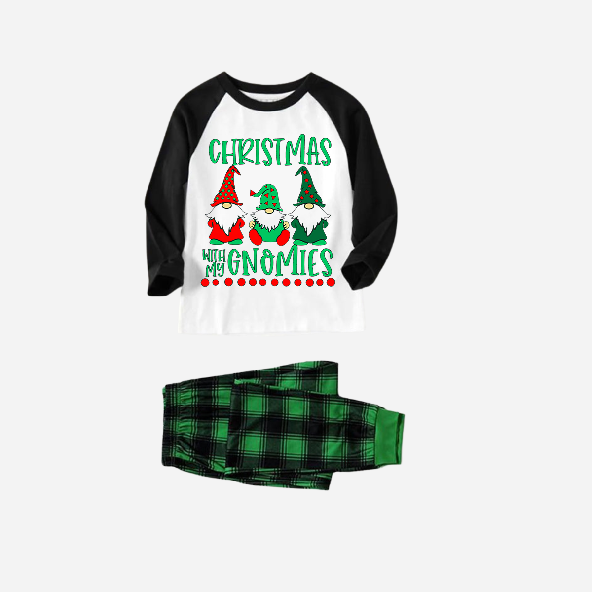 Black Raglan Top Green Plaid Christmas Pajamas Set With "Christmas With My Gnomies" Text Print