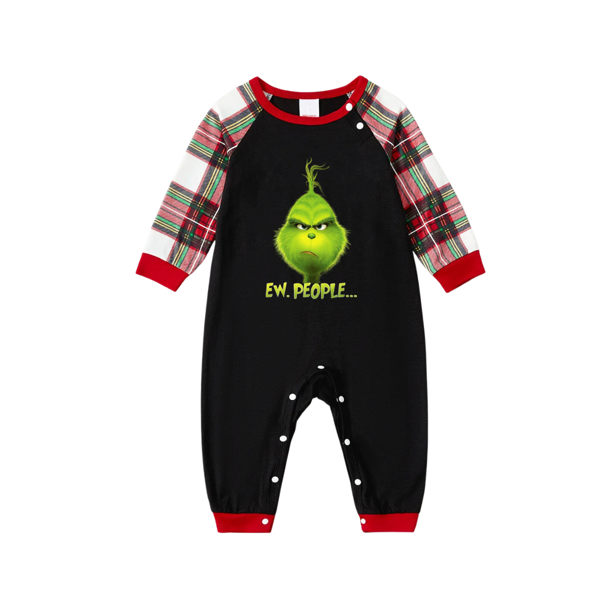 Christmas Cartoon Pattern Print Black Long Sleeve Top with Red & White & Green Plaid Matching Family Pajamas