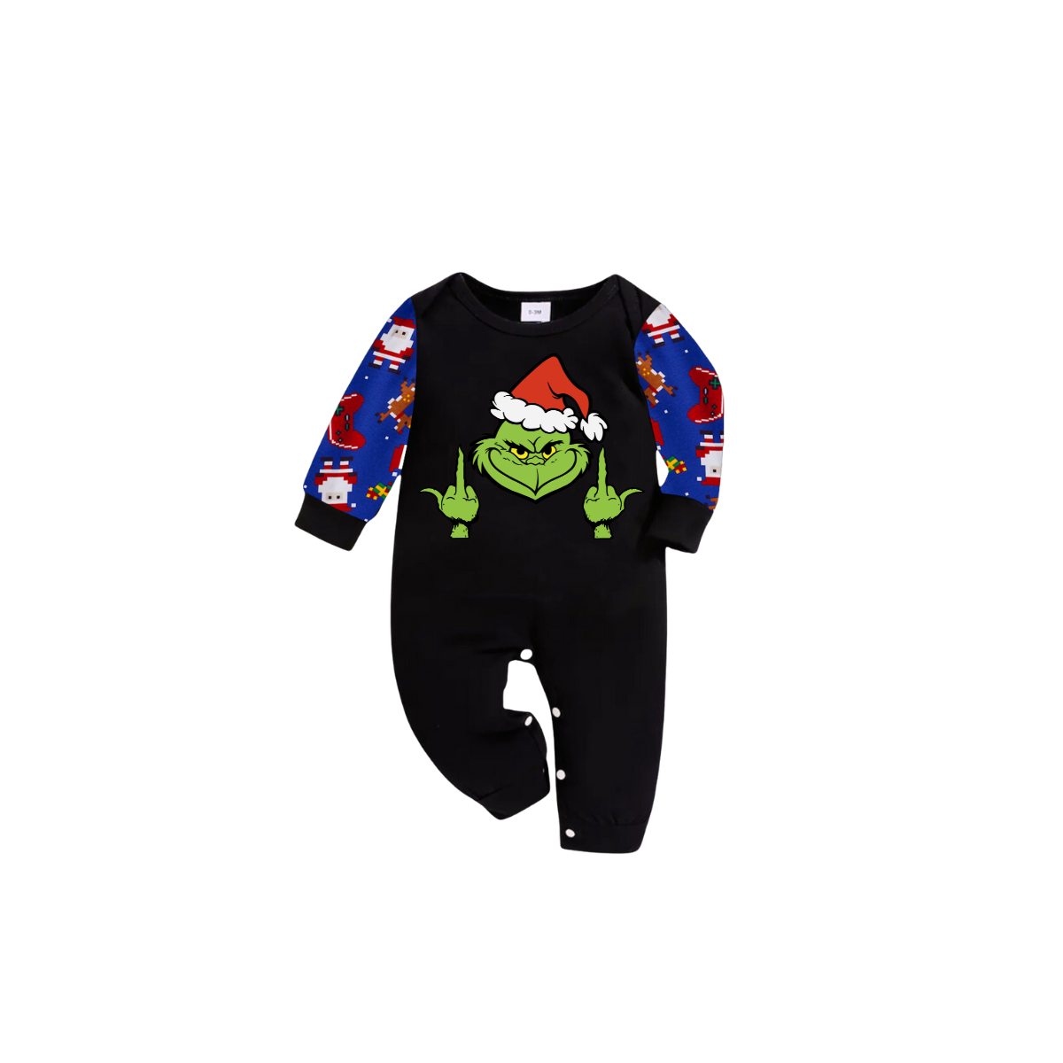 Grinch Santa Family Christmas Pajamas Black Top with Blue Santa Print Pants