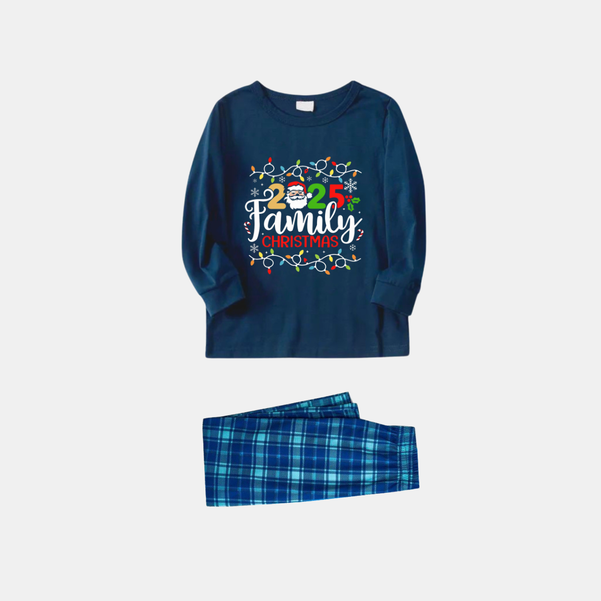 Navy & Sky Blue Plaid Christmas Pajamas Set With Christmas Light and "2025 Family Christmas" Text Print