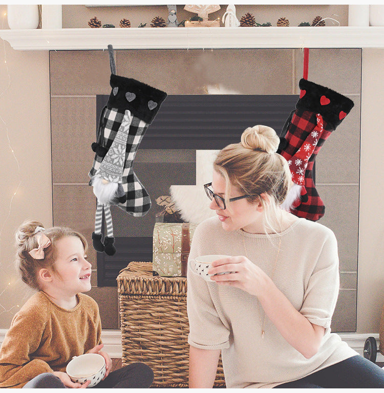 Christmas Tree Ornaments Love Print Fluffy Hanging Leg Plaid Red/gray Christmas Gift Socks