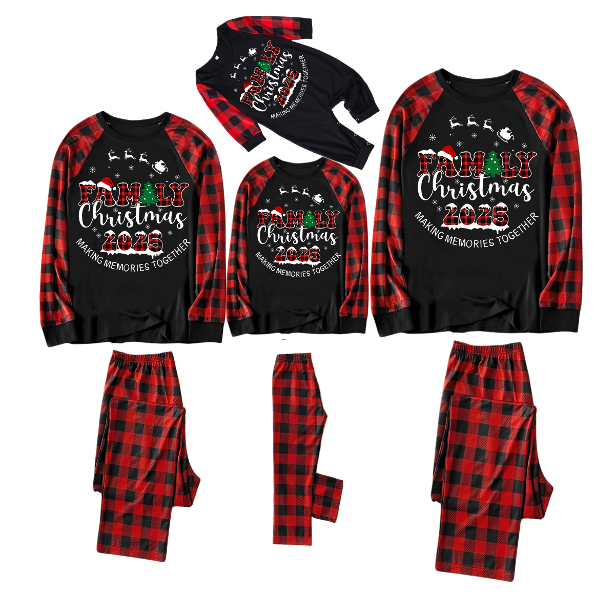 Cute Elk and "2025 Family Christmas" Text Print Black & Red Plaid Christmas Matching Pajamas