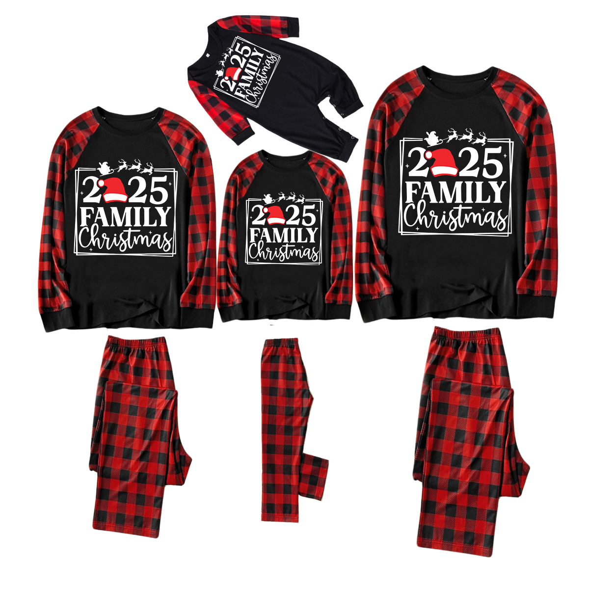 "2025 Family Christmas" Text and Santa Hat Print Black & Red Plaid Family Matching Pajamas
