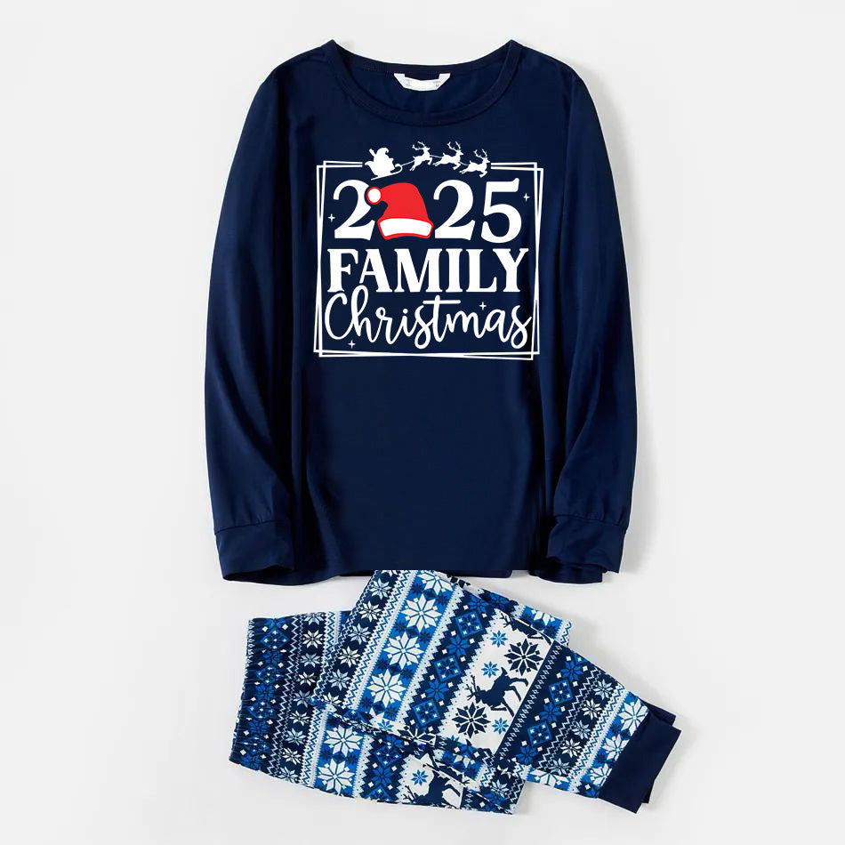 "Family 2025 Christmas" Text and Santa Hat Print Blue Family Matching Pajamas