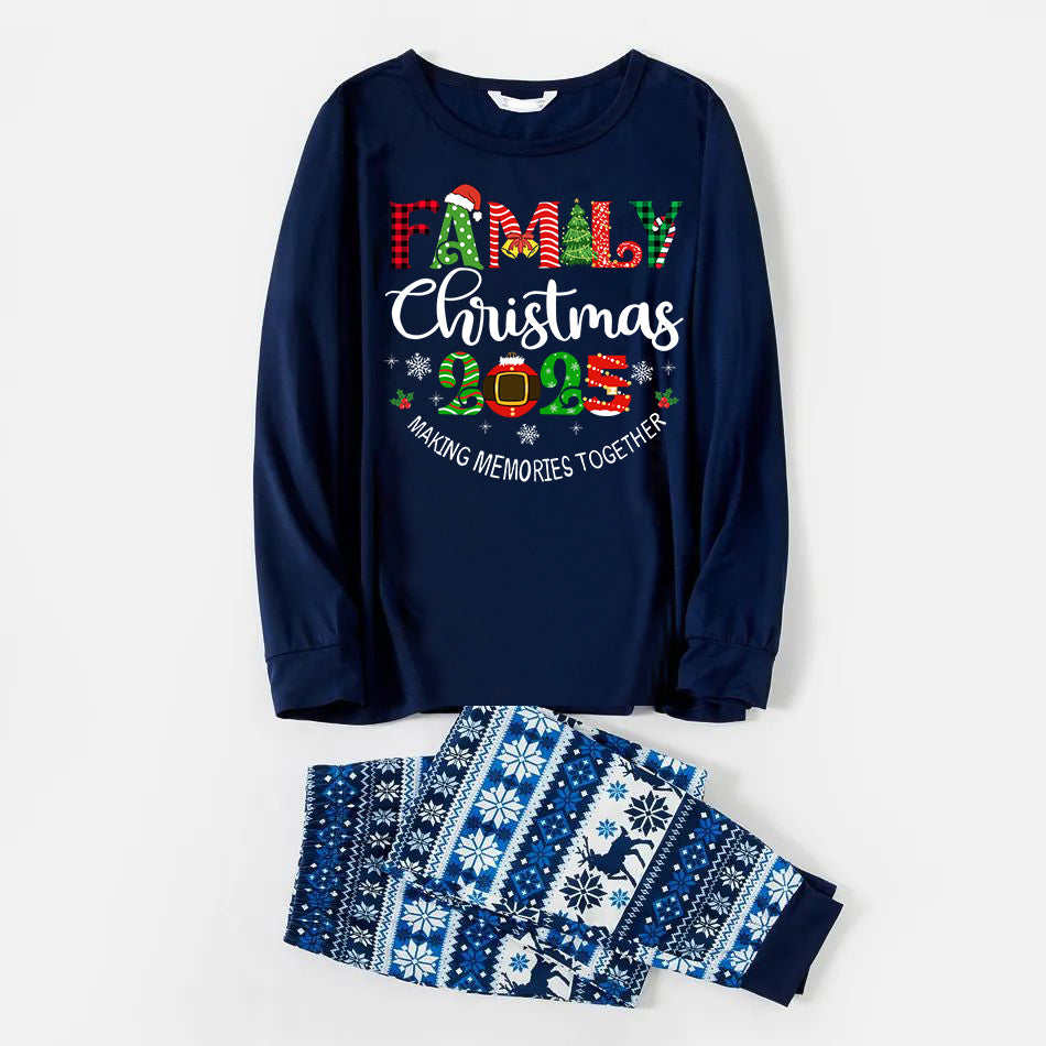Family 2025 Christmas Pattern Print Blue Family Matching Pajamas
