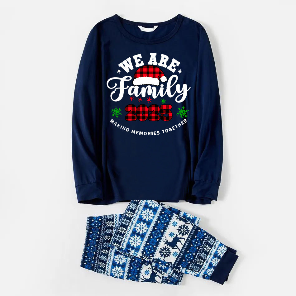 "We are Family2025" Santa Hat Monogram Print Letter Blue Long Sleeve Family Matching Pajamas With Dog bandana