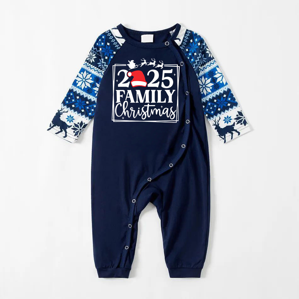 "Family 2025 Christmas" Text and Santa Hat Print Blue Family Matching Pajamas
