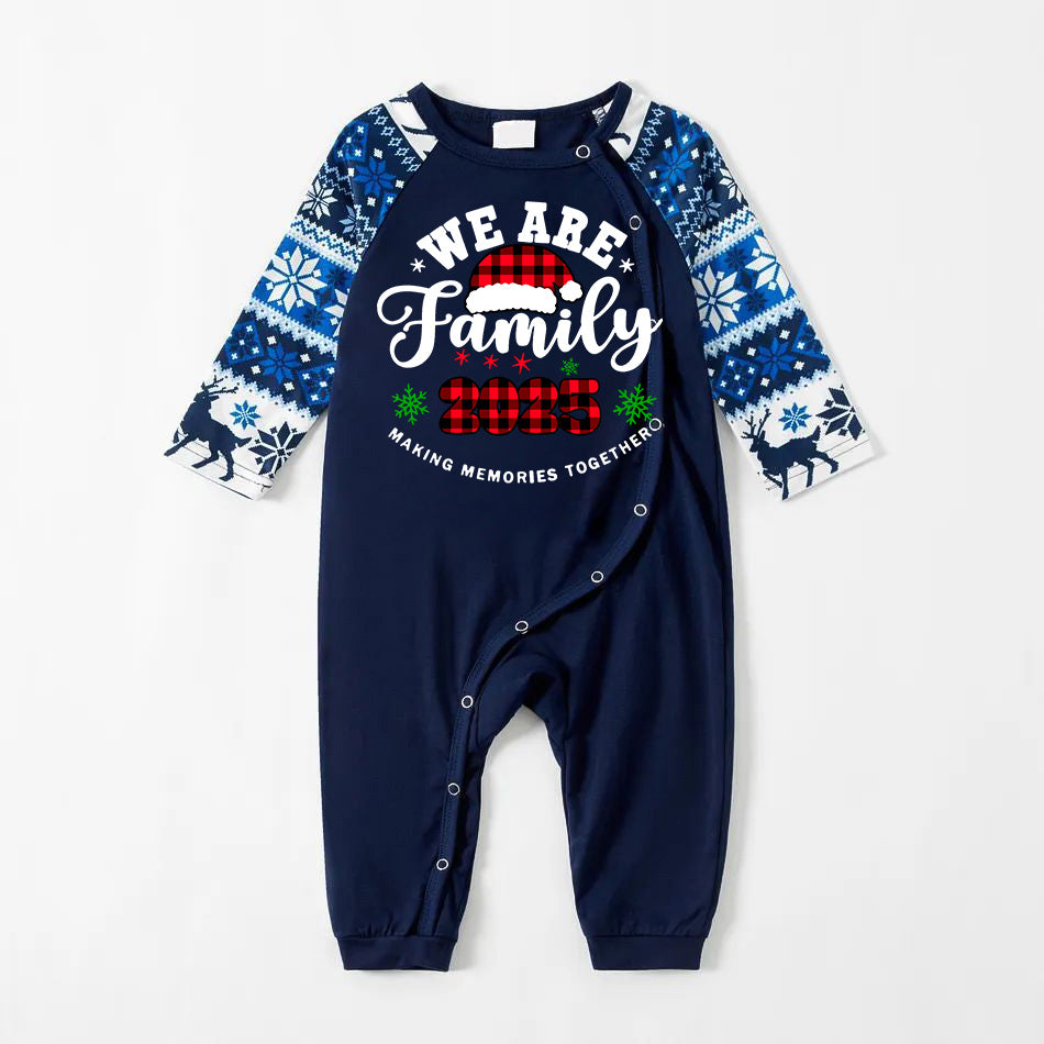 "We are Family2025" Santa Hat Monogram Print Letter Blue Long Sleeve Family Matching Pajamas With Dog bandana