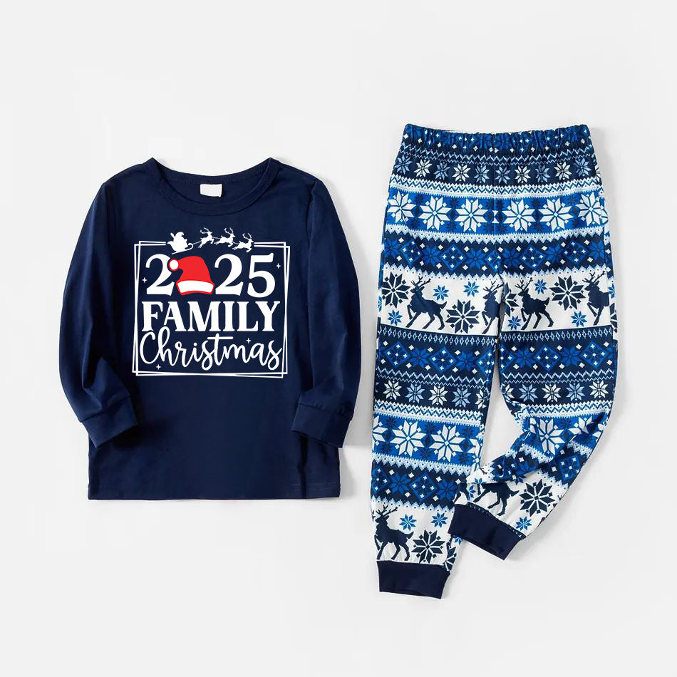 "Family 2025 Christmas" Text and Santa Hat Print Blue Family Matching Pajamas