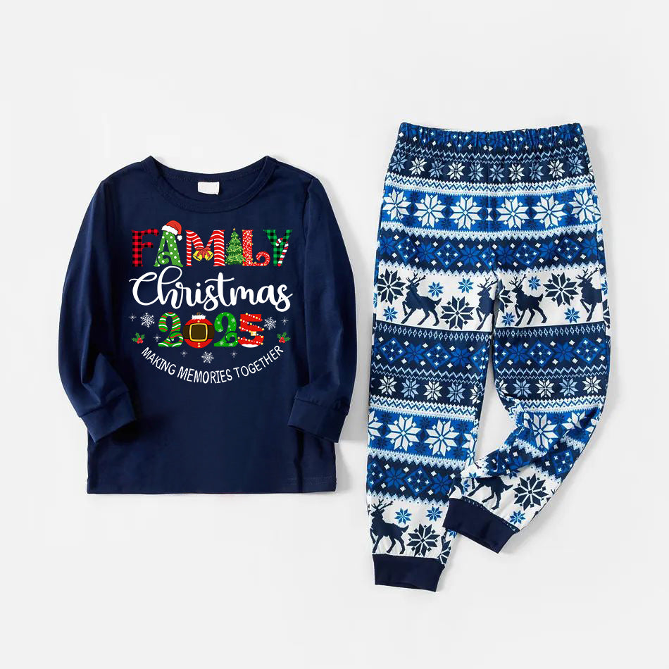 Family 2025 Christmas Pattern Print Blue Family Matching Pajamas