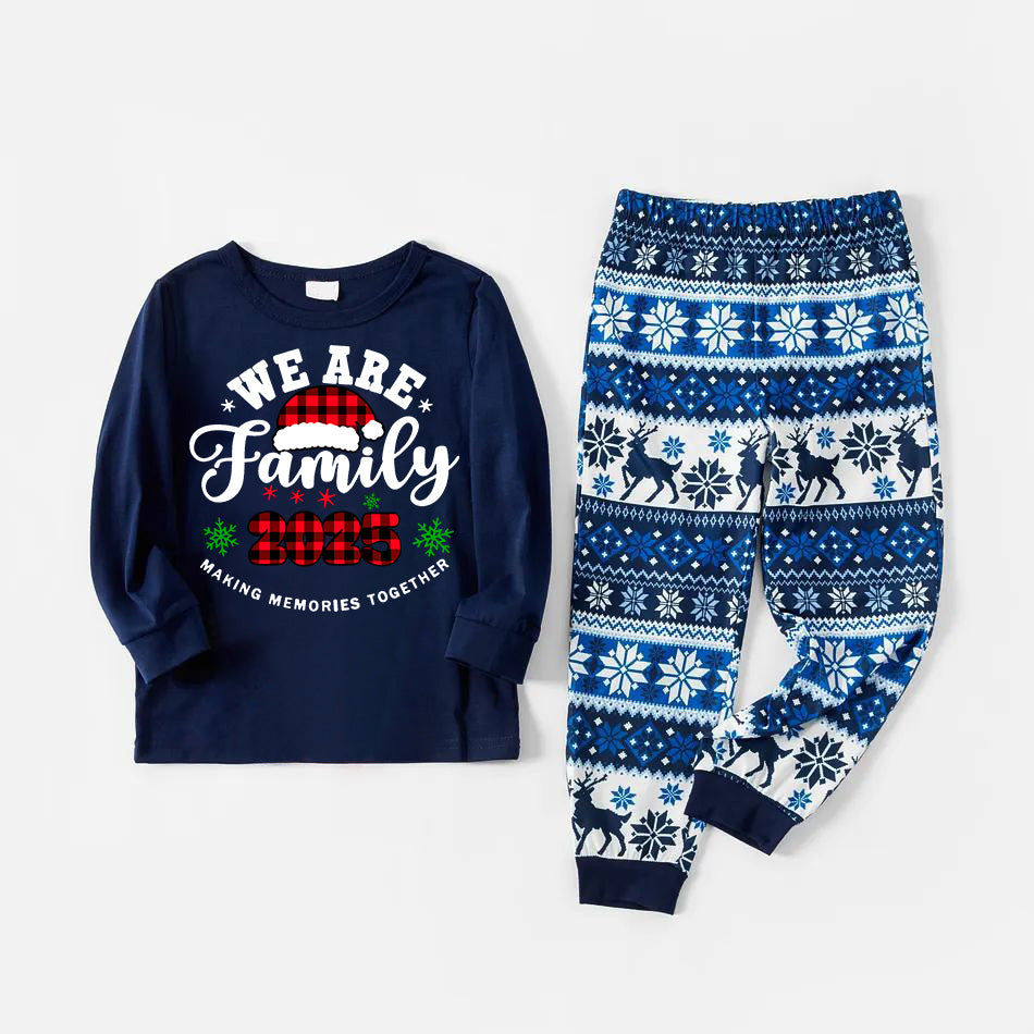 "We are Family2025" Santa Hat Monogram Print Letter Blue Long Sleeve Family Matching Pajamas With Dog bandana