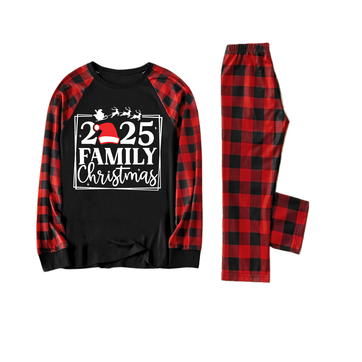 "2025 Family Christmas" Text and Santa Hat Print Black & Red Plaid Family Matching Pajamas