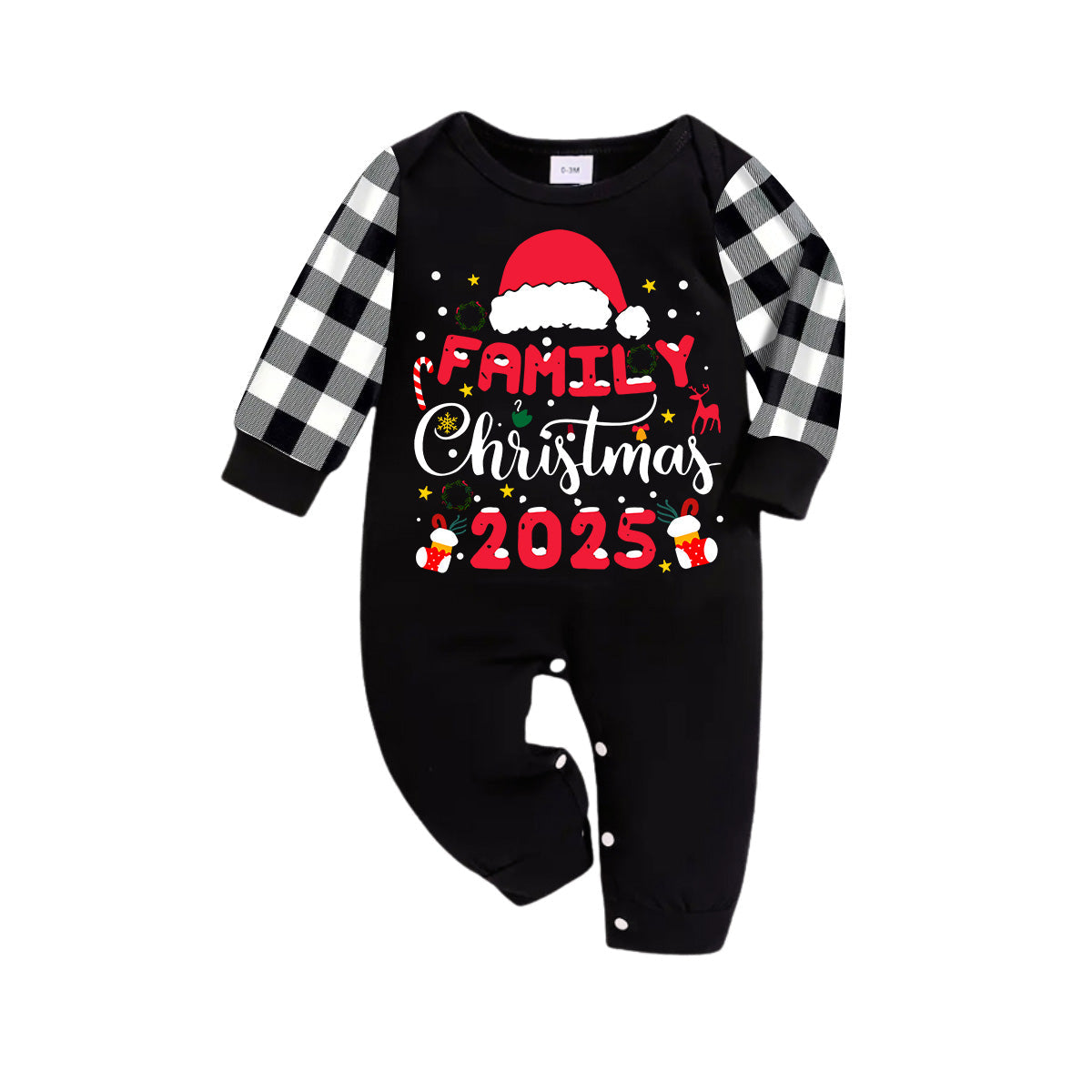 "2025 Family Christmas" Text and Christmas Pattern Black and White Plaid Family Matching Pajamas