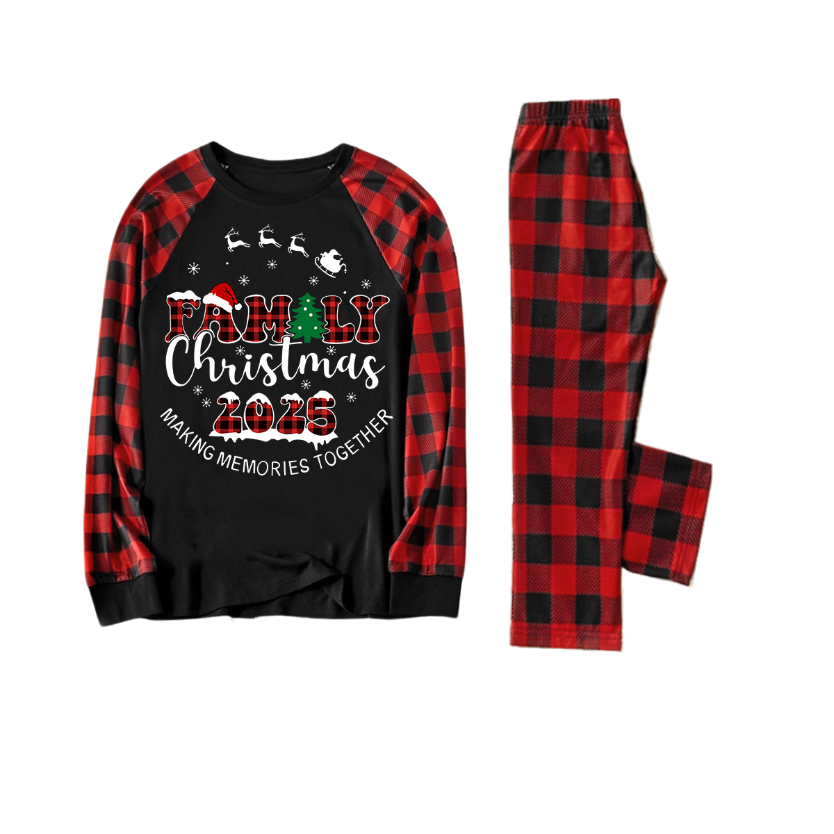 Cute Elk and "2025 Family Christmas" Text Print Black & Red Plaid Christmas Matching Pajamas