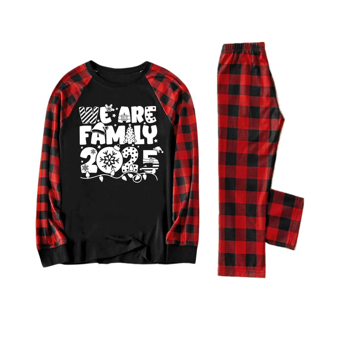 "We are Family 2025" White Letter Print Black & Red Plaid Family Matching Black Pajamas
