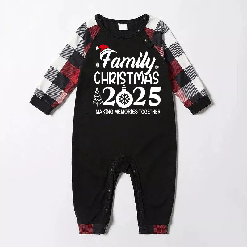 "FAMILY 2025CHRISTMAS MAKING MEMORIES TOGETHER " Text And Santa Hat Printed Pattern- Black Top with Red&Black&White Plaid Sleeves - Family Matching Pajamas