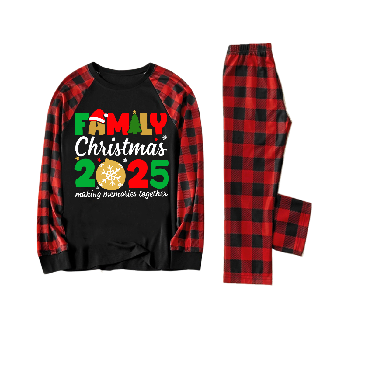 Cute "Family Christmas 2025" Text Print Black & Red Plaid Family Matching Pajamas