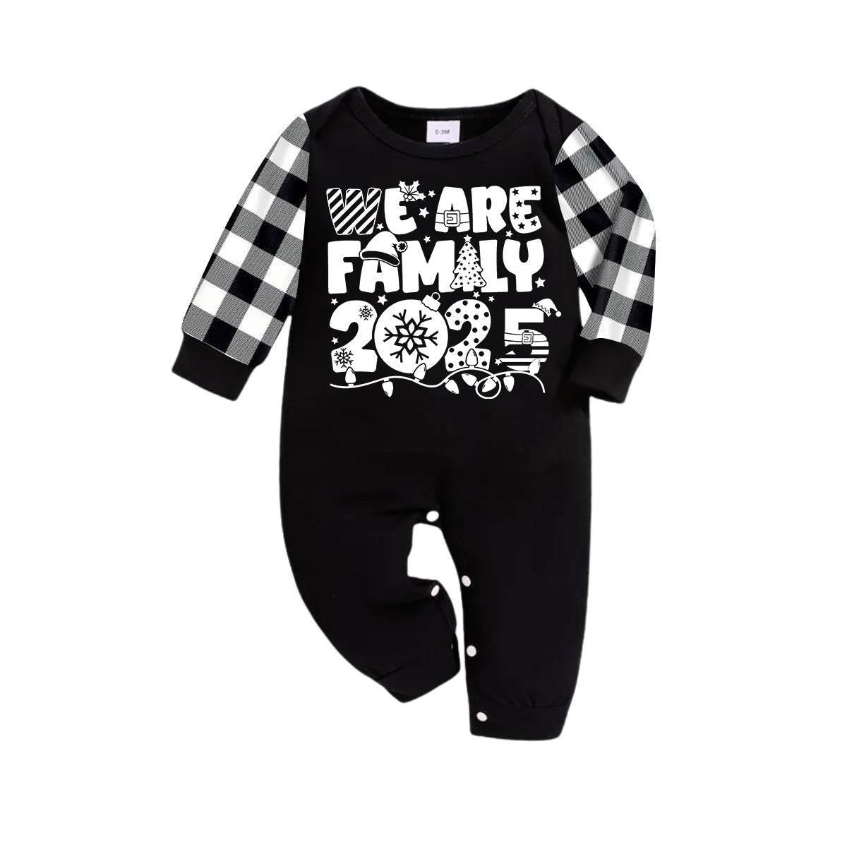 "We are Family 2025" White Letter Print Black Long Sleeve Top with Black And White Plaid Pants Family Matching Pajamas