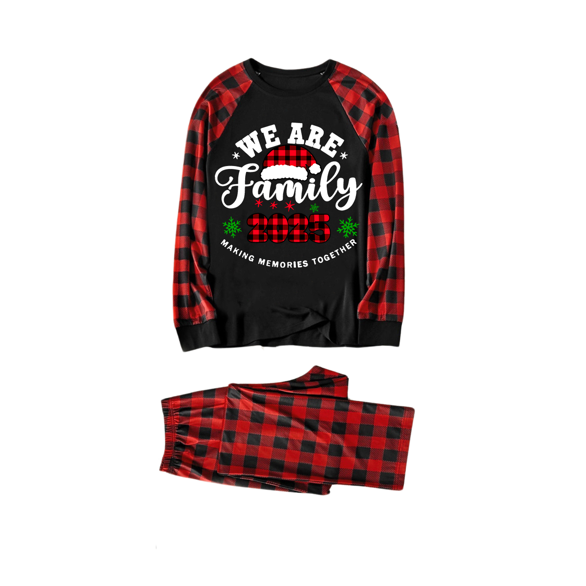 "We are Family2025" Santa Hat Monogram Print Letter Black & Red Plaid Family Matching Black Pajamas