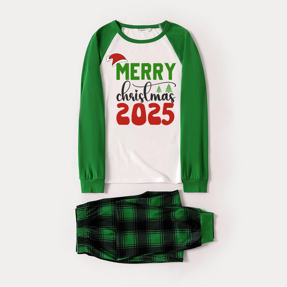 Merry Christmas 2025 Print Long Sleeve Top With Green & Black Plaid Christmas Matching Pajamas