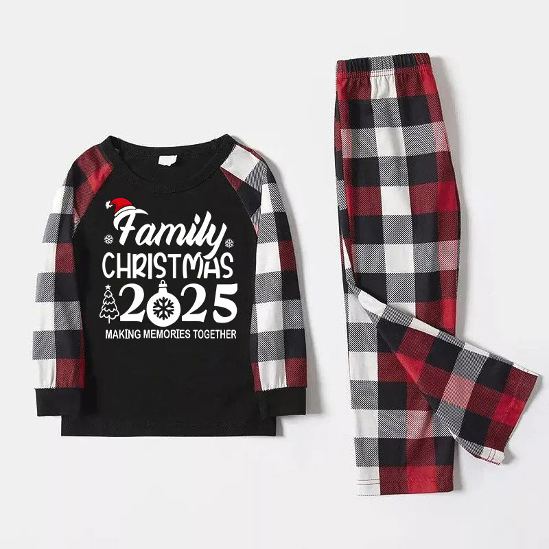 "FAMILY 2025CHRISTMAS MAKING MEMORIES TOGETHER " Text And Santa Hat Printed Pattern- Black Top with Red&Black&White Plaid Sleeves - Family Matching Pajamas