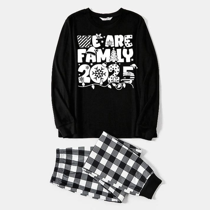"We are Family 2025" White Letter Print Black Long Sleeve Top with Black And White Plaid Pants Family Matching Pajamas
