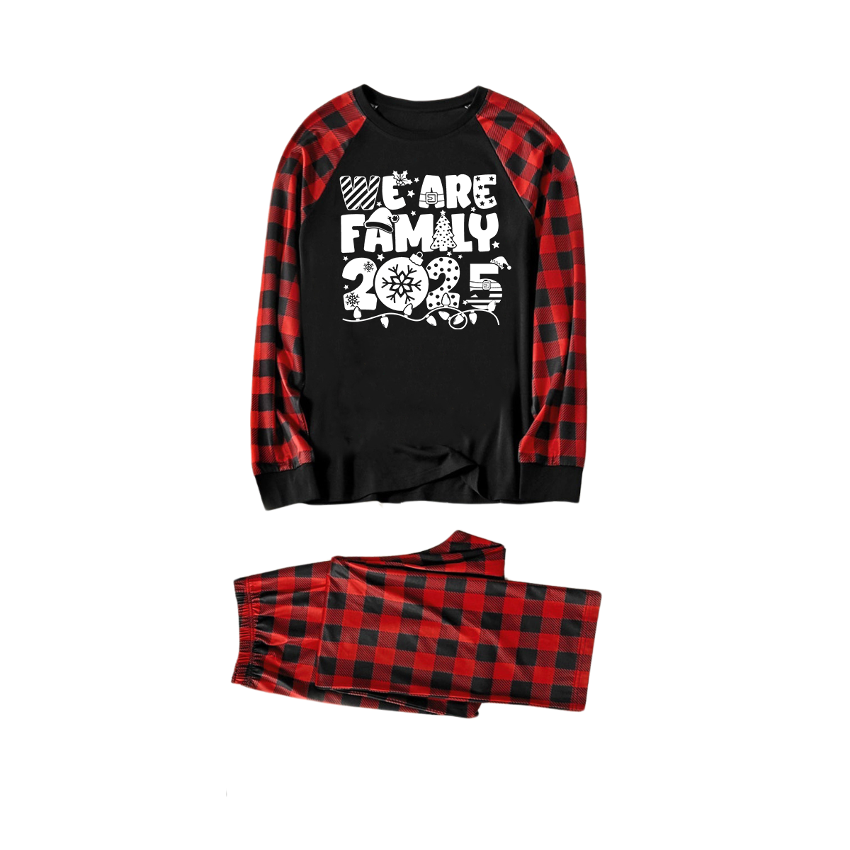 "We are Family 2025" White Letter Print Black & Red Plaid Family Matching Black Pajamas