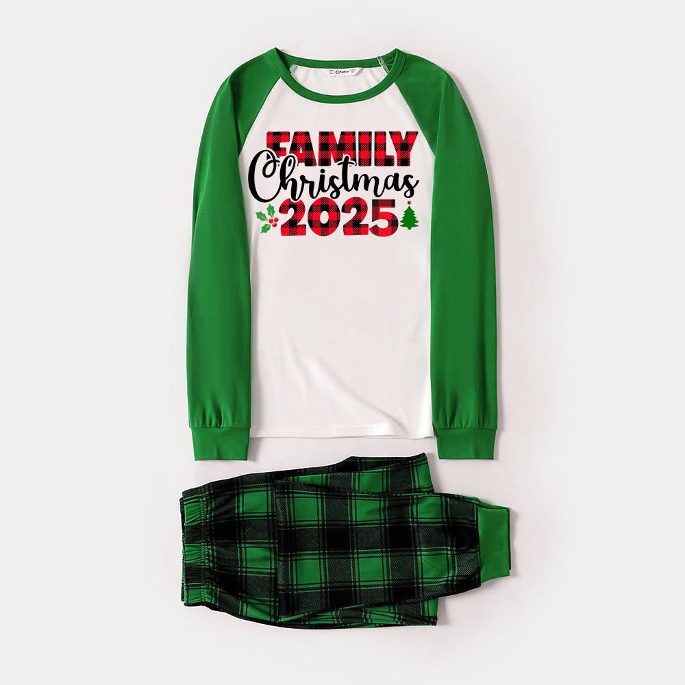Family Christmas 2025 Text Print Long Sleeve Top With Green & Black Plaid Christmas Matching Pajamas