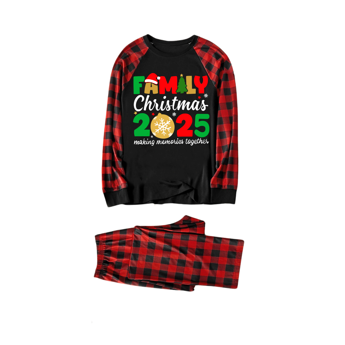 Cute "Family Christmas 2025" Text Print Black & Red Plaid Family Matching Pajamas