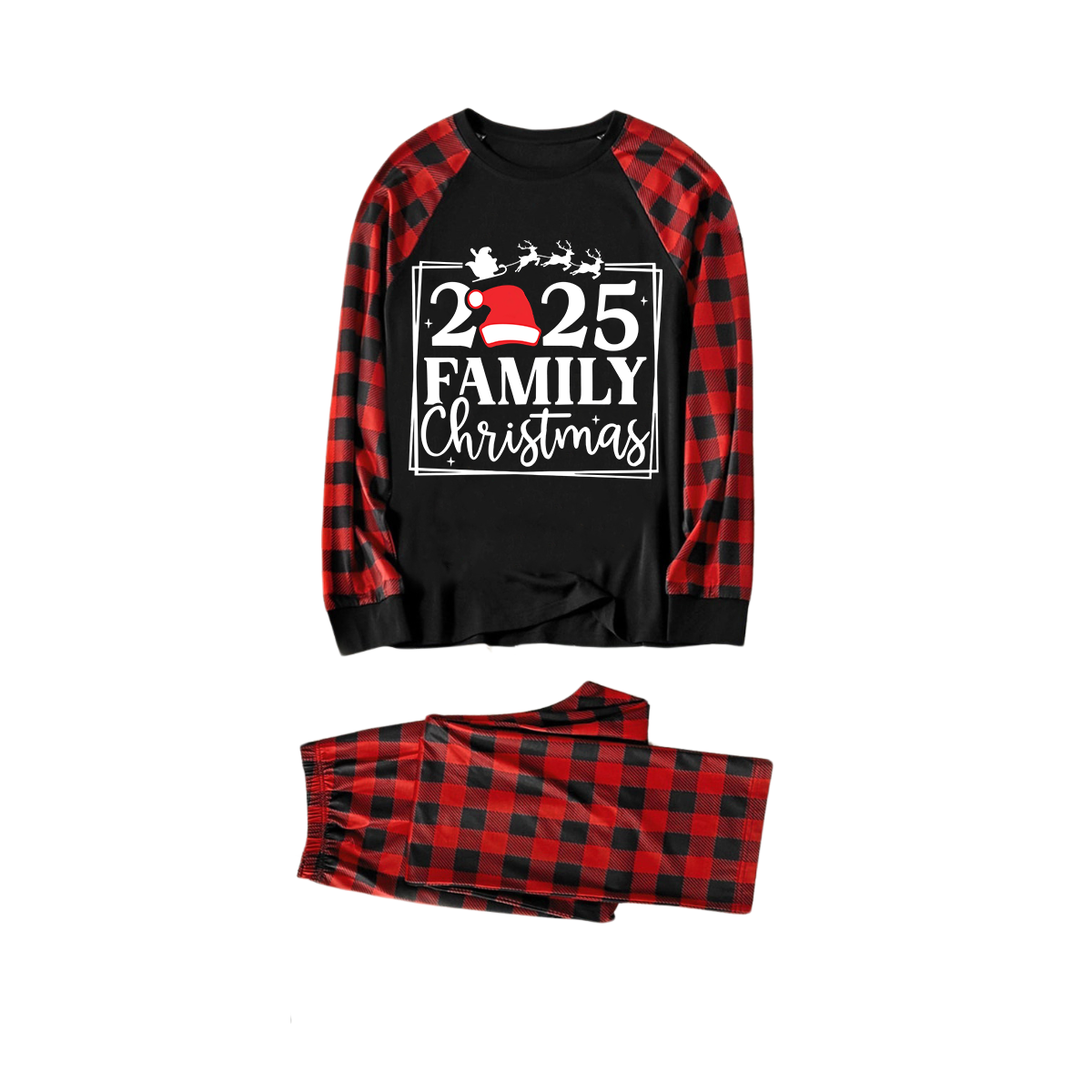"2025 Family Christmas" Text and Santa Hat Print Black & Red Plaid Family Matching Pajamas