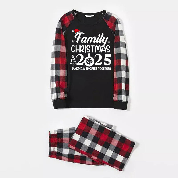 "FAMILY 2025CHRISTMAS MAKING MEMORIES TOGETHER " Text And Santa Hat Printed Pattern- Black Top with Red&Black&White Plaid Sleeves - Family Matching Pajamas