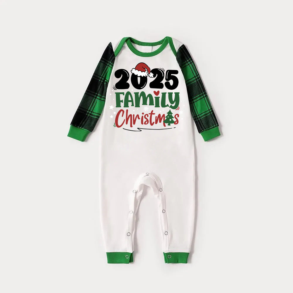Santa Hat and Family Christmas 2024 Print Long Sleeve Top With Green & Black Plaid Christmas Matching Pajamas
