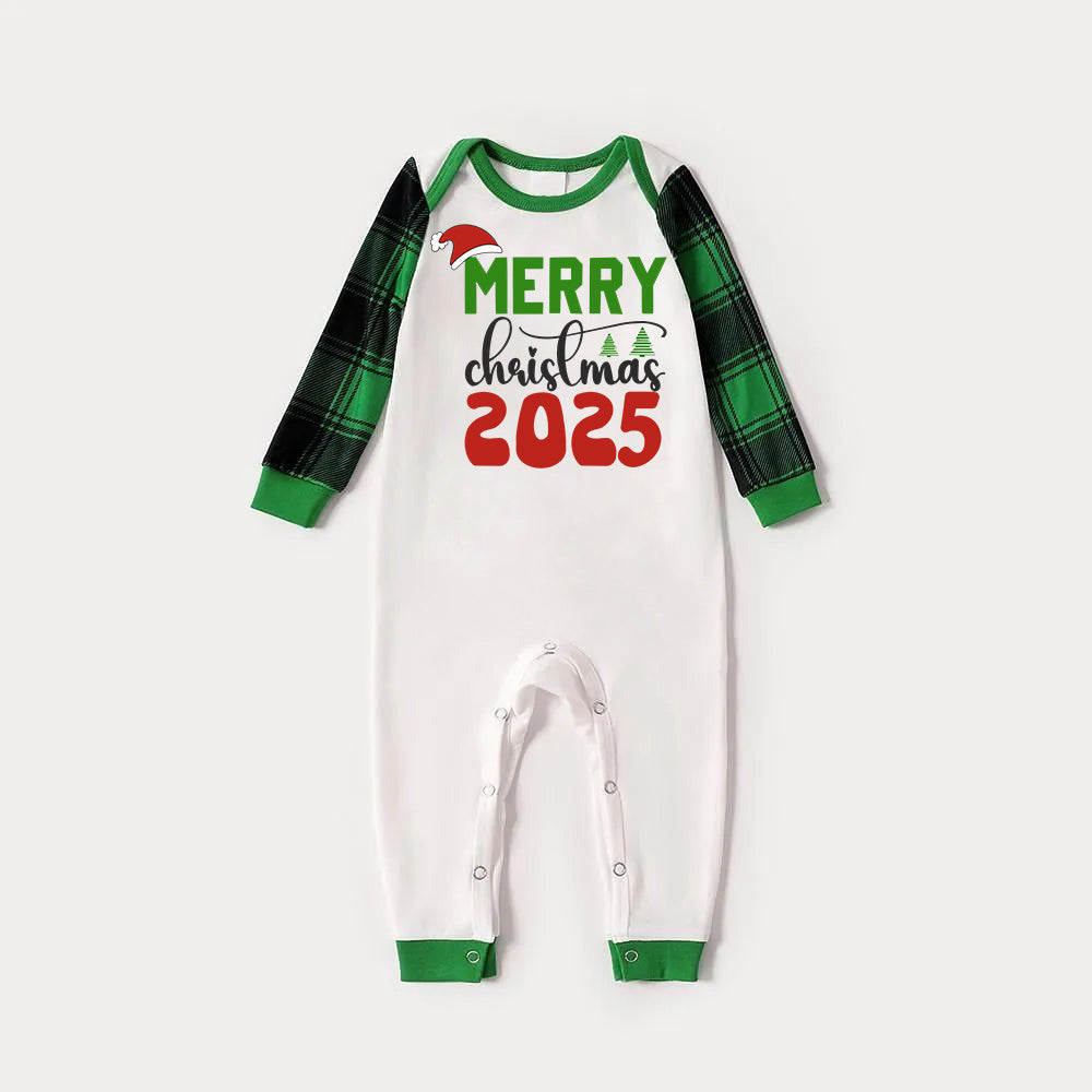 Merry Christmas 2025 Print Long Sleeve Top With Green & Black Plaid Christmas Matching Pajamas