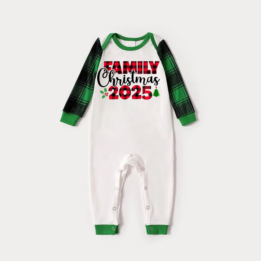Family Christmas 2025 Text Print Long Sleeve Top With Green & Black Plaid Christmas Matching Pajamas