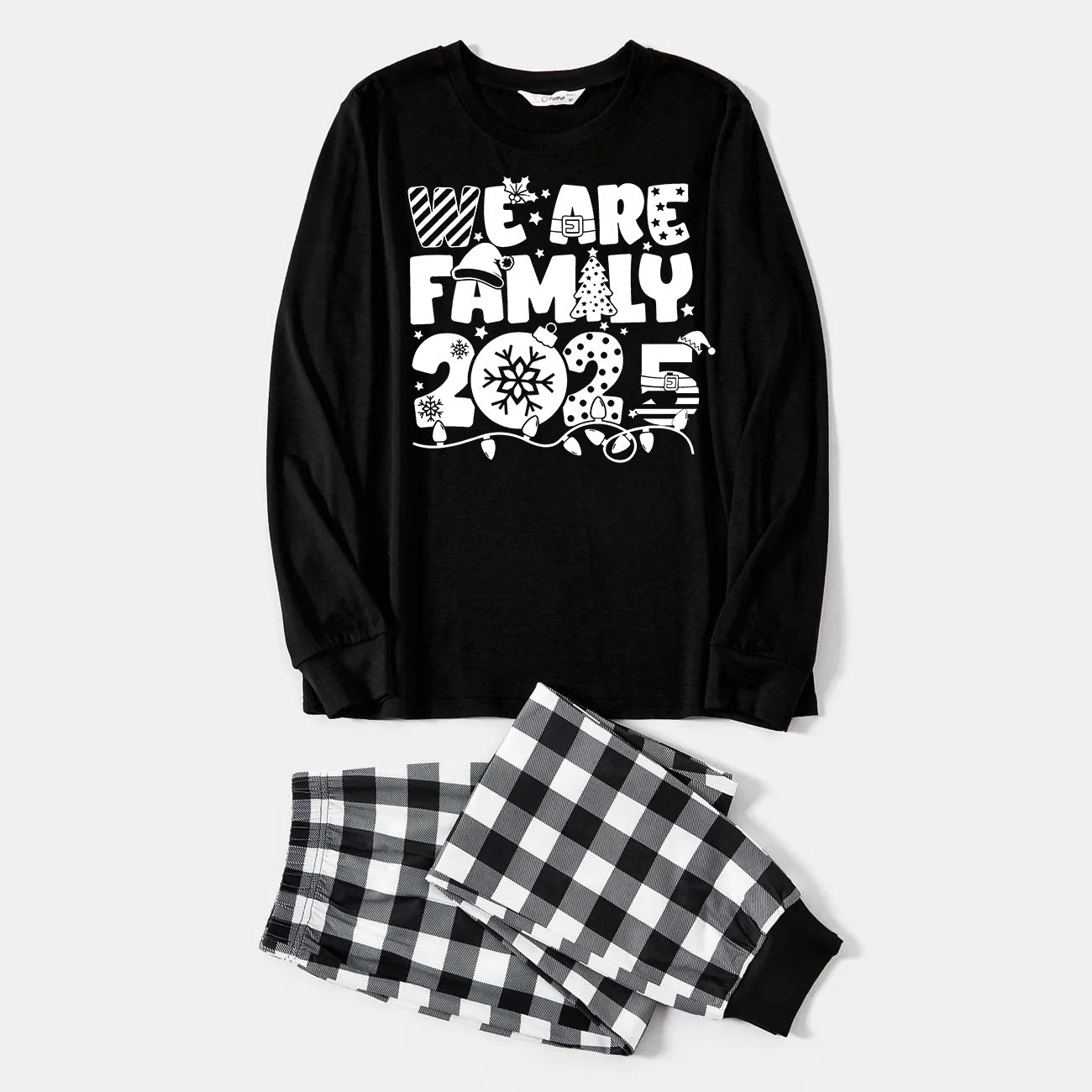"We are Family 2025" White Letter Print Black Long Sleeve Top with Black And White Plaid Pants Family Matching Pajamas