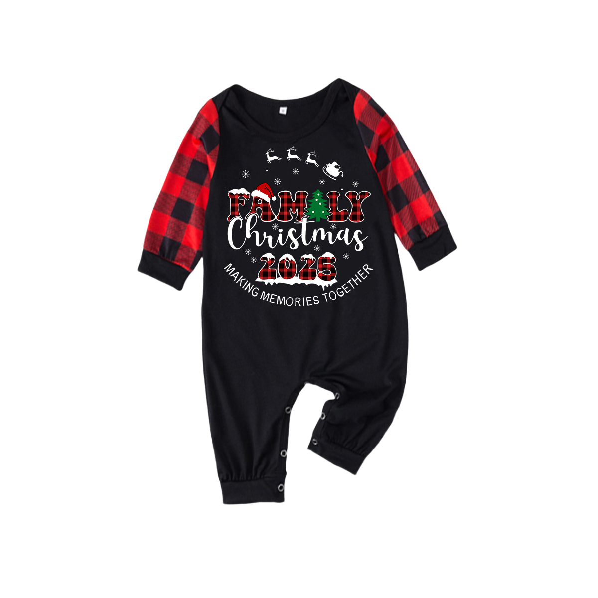 Cute Elk and "2025 Family Christmas" Text Print Black & Red Plaid Christmas Matching Pajamas