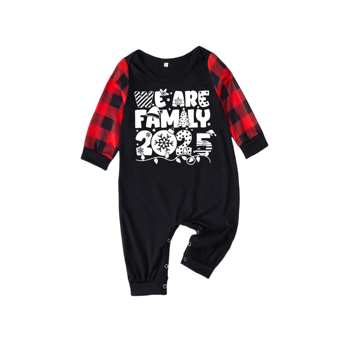 "We are Family 2025" White Letter Print Black & Red Plaid Family Matching Black Pajamas