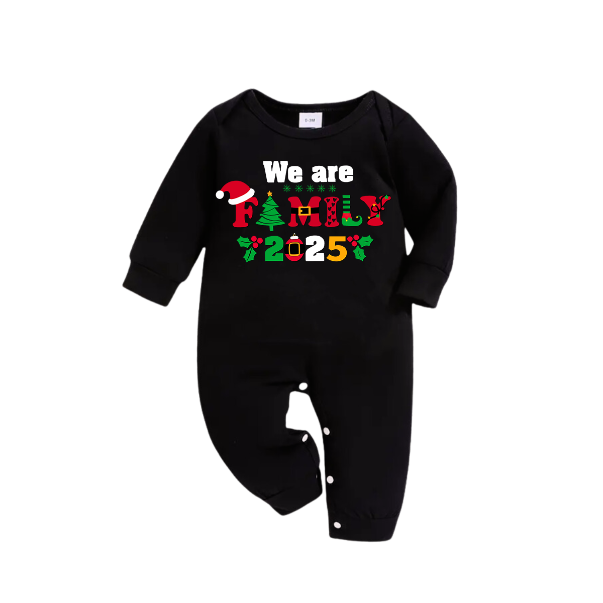"We Are Family 2025" Coloful Text Pattern Black Long Sleeve Top