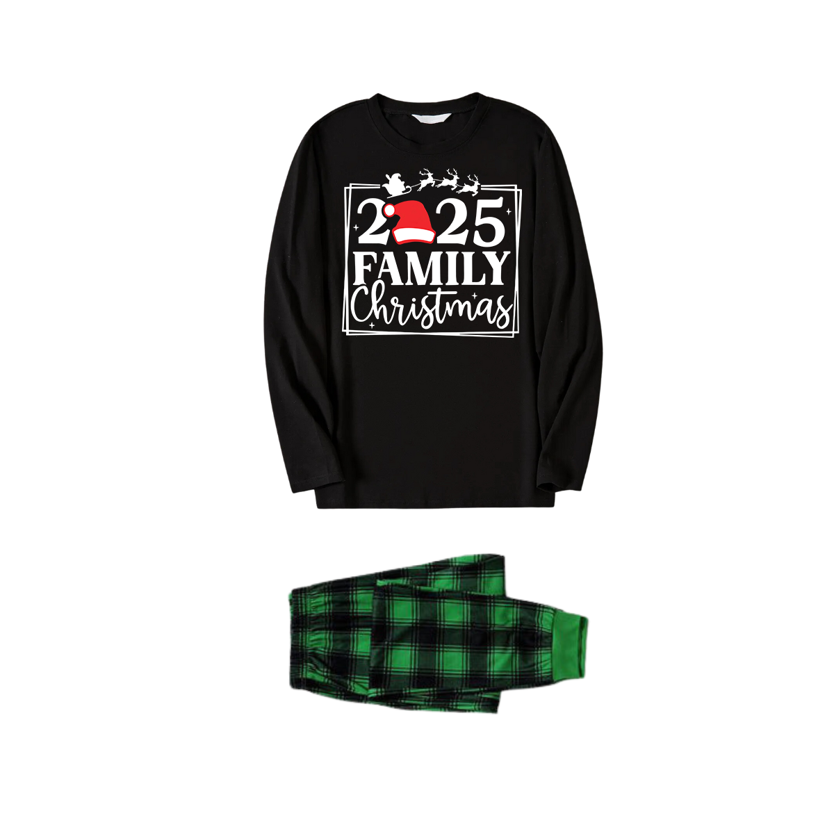 "Family Christmas 2025" Text Printed Black and Green Plaid Family Christmas Matching Pajamas