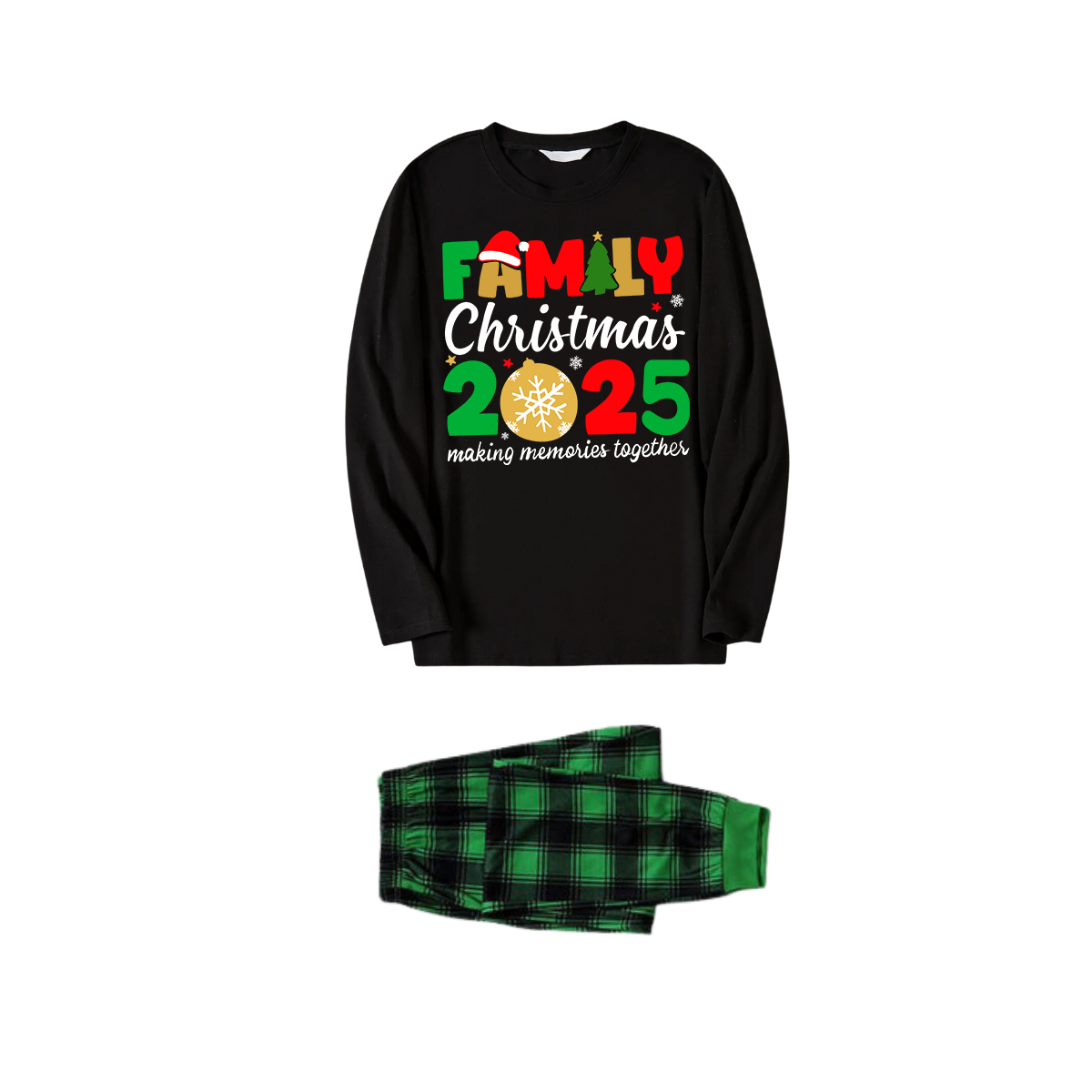"Family Christmas 2025" Cute Pattern Printed Black and Green Plaid Family Matching Pajamas