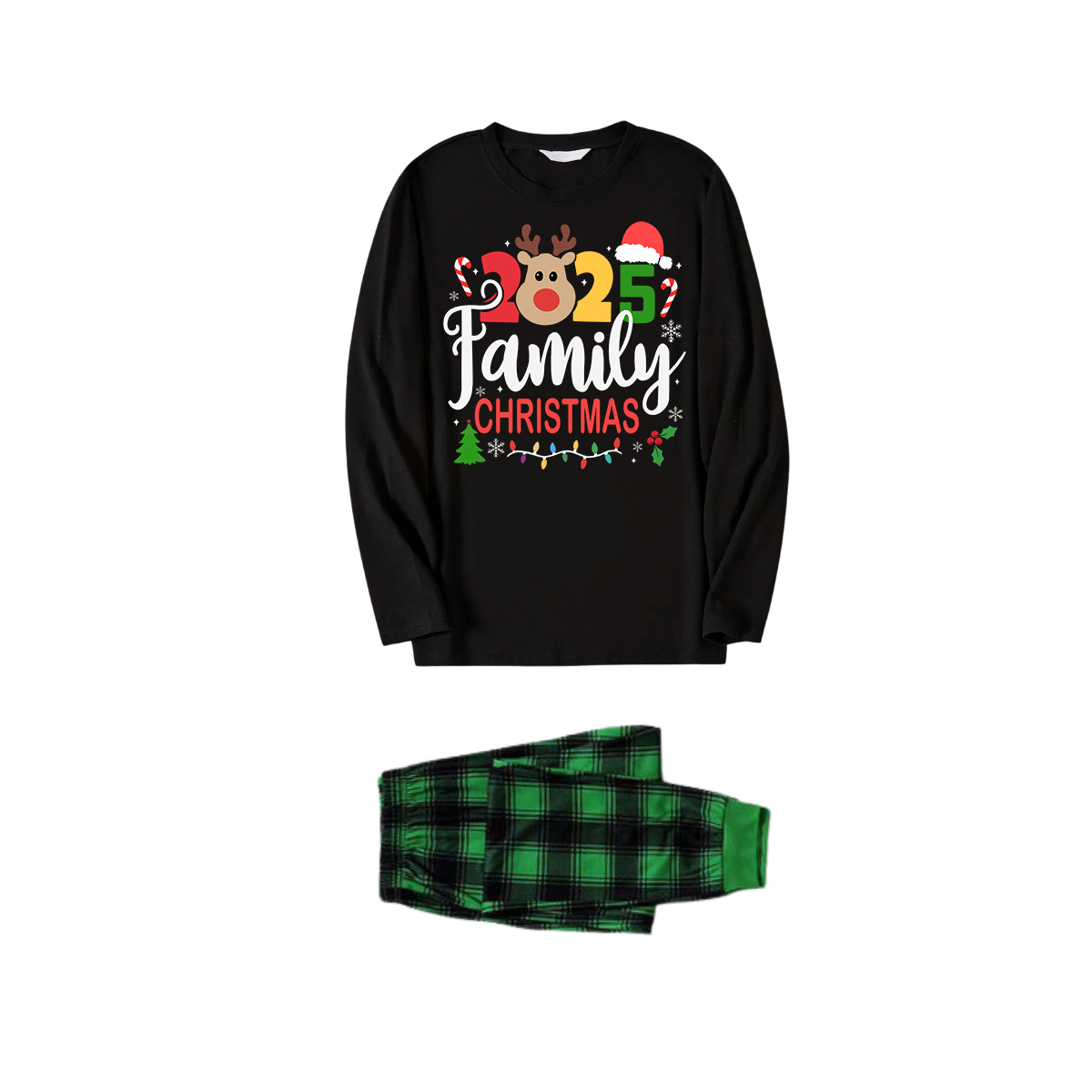 Cute Deer and "Family Christmas 2025" Print Black and Green Plaid Family Matching Pajamas