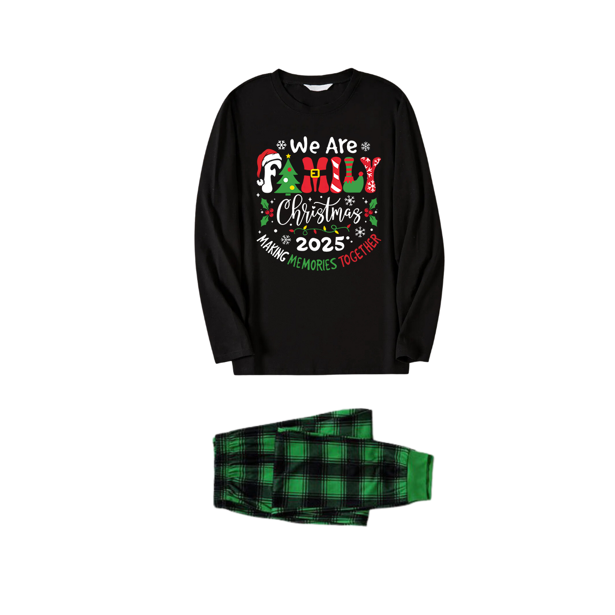 "We are Family" 2025 Christmas Wreath - Black Long Sleeve Top with Black And Green Plaid Pants Family Matching Pajamas